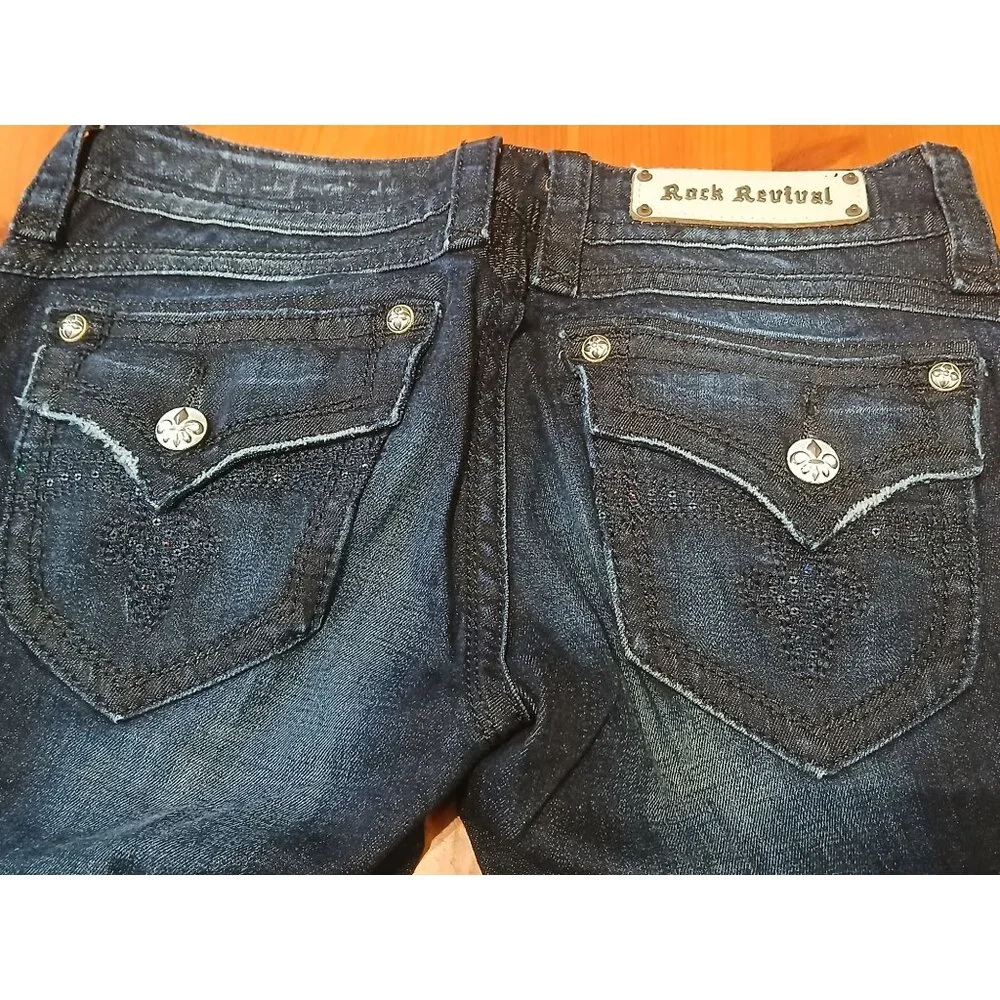 Rock Revival Jeans Dark Blue Wash Faded Distressed Heath Bootcut Size 30 - Picture 10 of 10